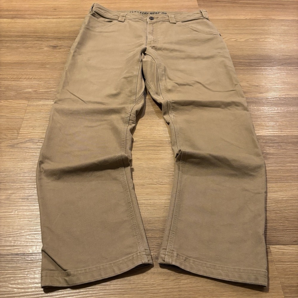 Duluth Flex Fire Hose HD Pants Mens 36x32 Fits 36x30 Standard Khaki Stretch Work